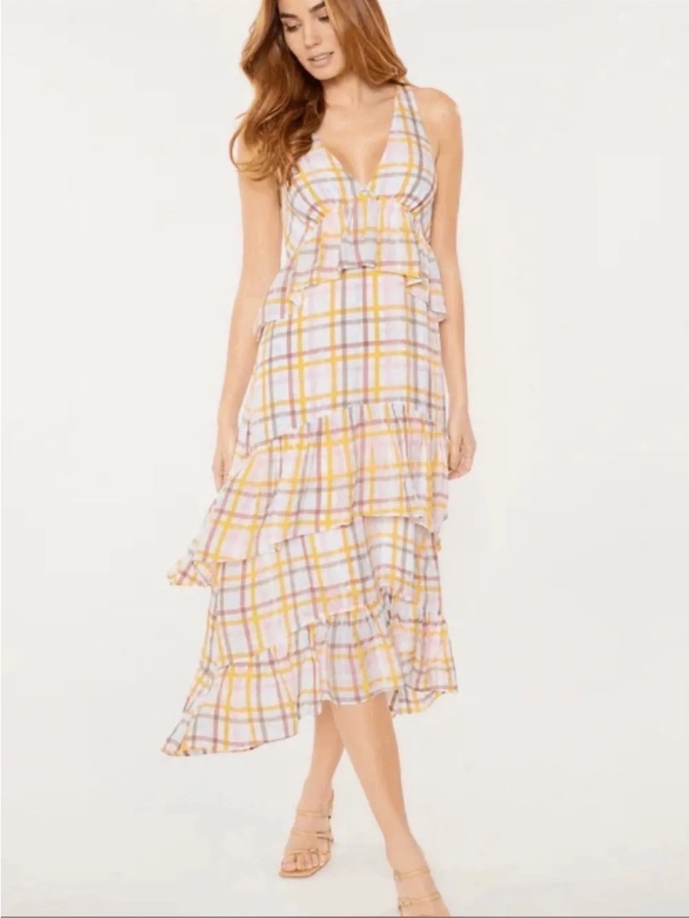 cinq a sept Pink, Yellow & White Plaid Ruffle Tiered Midi Dress. Wedding Guest